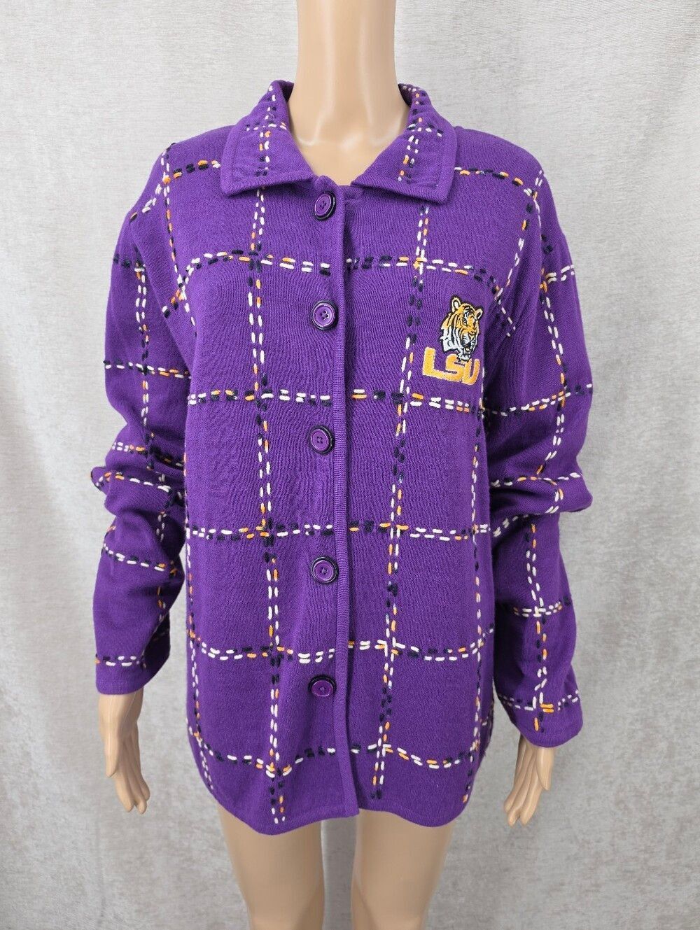 LSU Vintage Y2K Purple Button-Up Plaid Knit Jacket By Belle Pointe